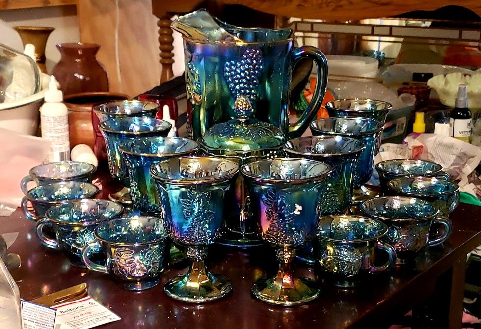 Blue Iridescent Carnival Glass Pitcher, Goblets & More. HARVEST GRAPE PATTERN
