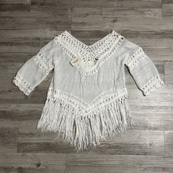FOREVER 21 Women's White Cotton Crochet Fringe Tunic V-Neck 3/4 Sleeve cover up