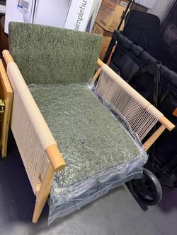 Chenille Upholstered, Lumbar Pillow Included, Wood Rattan Arms, Modern Style, for Living Room, Bedroom, Reading Corner, Study
