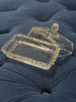 Clear Glass Covered Butter Dish Beaded Edge Rectangular Vintage