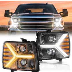 Front light Kit for Chevy Silverado 1 HD 3500 HD 2007-2013, Truck Light Kit with DRL Turn Signal & Clear Lens, Anti-Glare & Wateproof Front La