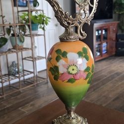 Antique Victorian Glass And Metal Ewer Art Nouveau Style