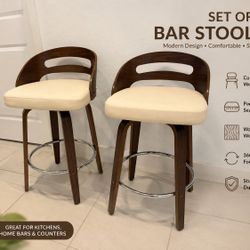 Mid Century Modern Bar Stools, Swivel Bar Stools with Walnut Craftsmanship Natural Bentwood Frame, Easy-Grip Handle,Low Back, Upholstered Faux Leather