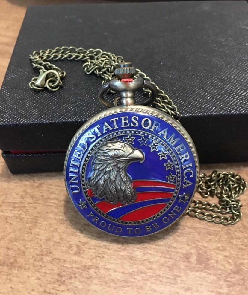 Eagle on World American Flag Pattern Pocket Watch Chain-New