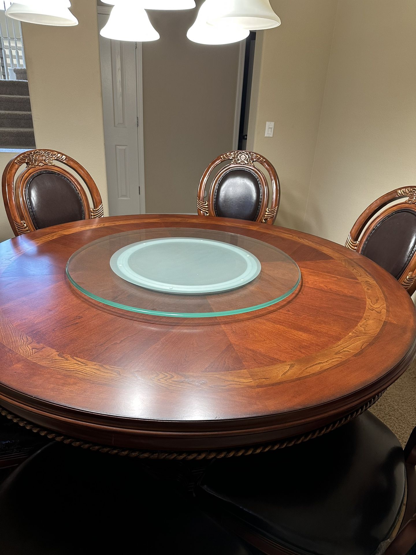 Round Wooden Dining Table With 5 Chairs And Lazy Susan