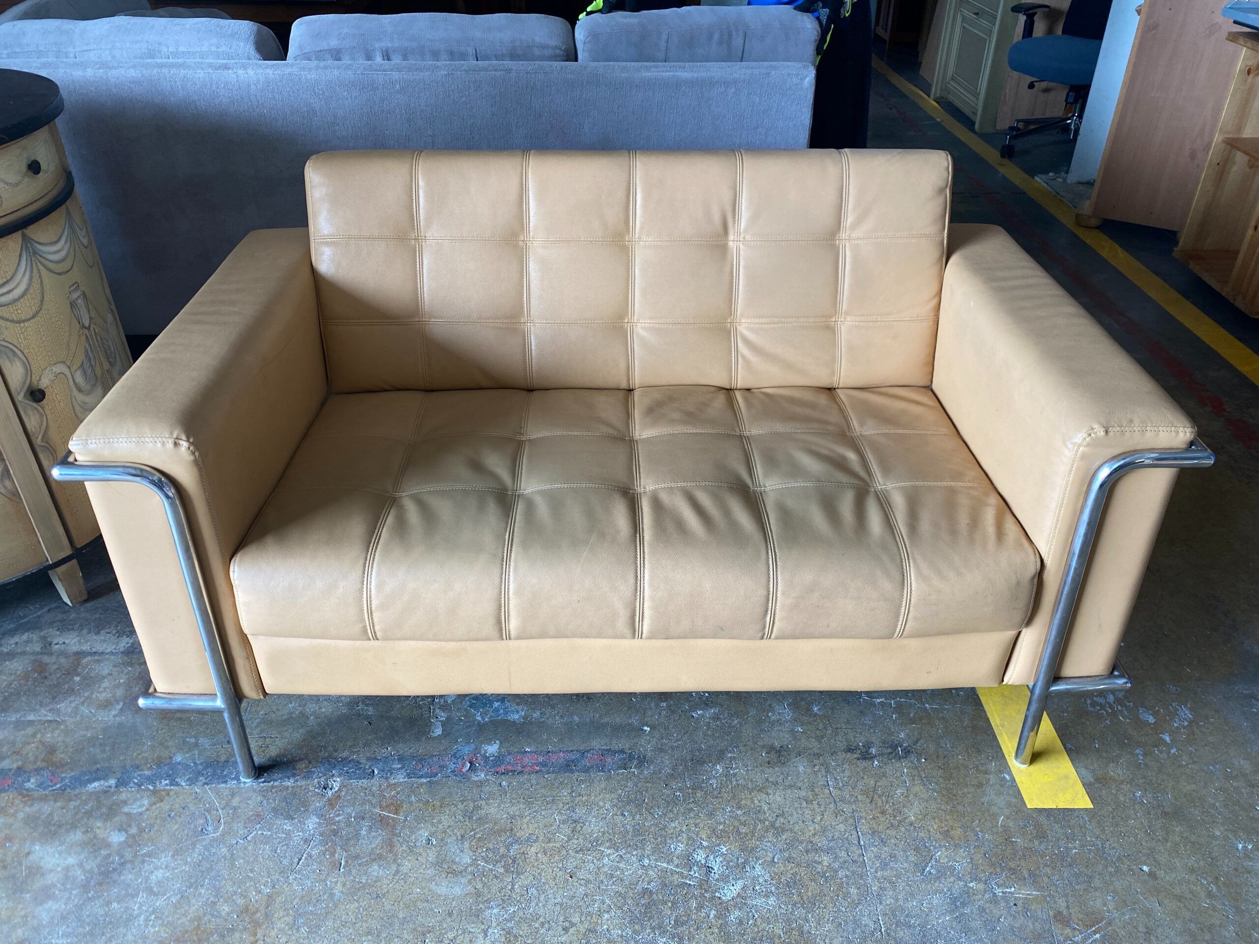 Contemporary Tan Leather Loveseat w/ Metal Frame