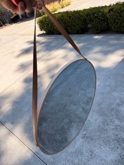 Round Wall Mirror with Tan Hanging Strap