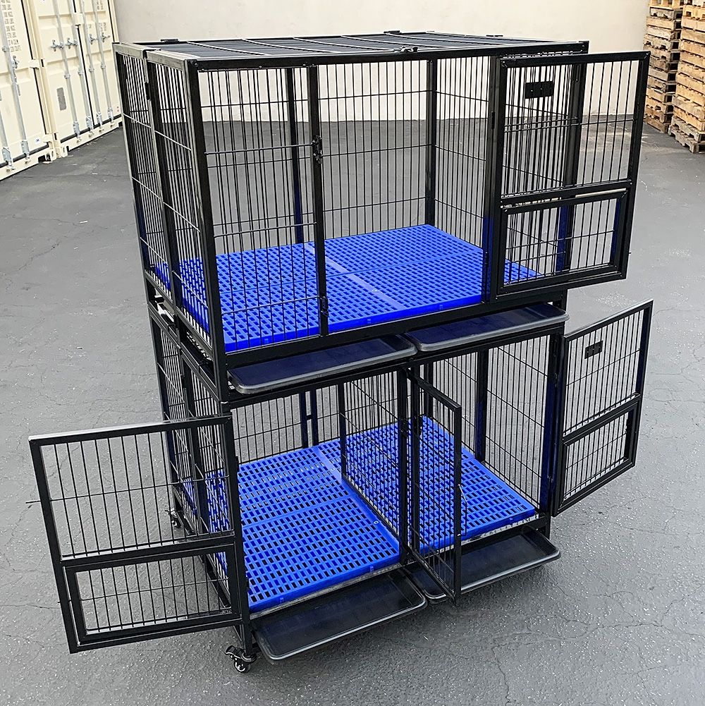 New $320 (Set of 2) Stackable Dog Cage 41x31x65” Heavy Duty Kennel w/ Plastic Tray