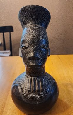 Vintage Home Decor - Replica African Tribal Art Mangbetu Traditional Jug Black Colored Handled Pot