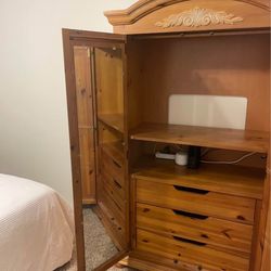 Solid Wood Armoire / Wardrobe with Mirror and Power Strip 