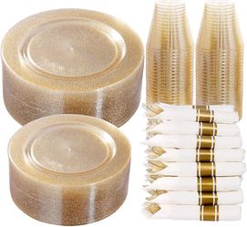 350Pcs Gold Glitter Dinnerware Set 50 Guest -New (1147)