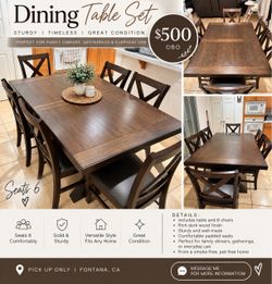 Dark Wood Dining Table Set with 6 Chairs