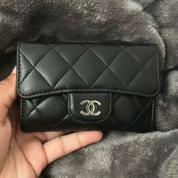 CHANEL Black And Silver Quilted Mini Wallet