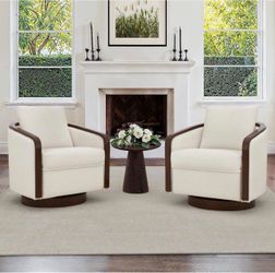 Set Of 2 Doev Beige Swivel Accent Barrel Chair Upholstered Armchair Comfy Sofa Chair 360° Club Chair