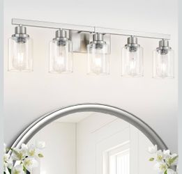 Bathroom Vanity Light, 5-Light Nickel Modern Matte Wall Sconce Lighting with Clear Glass Shade, Wall Lights,Bath Vintage Wall Mounted Lamps for Mirror