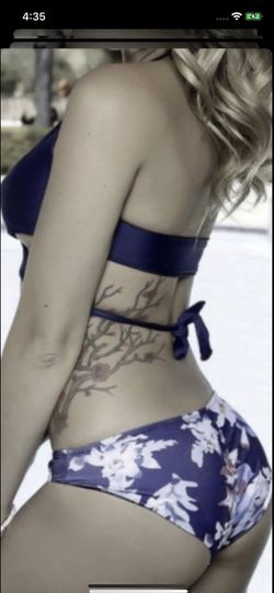 New Navy blue wrap around/Criss cross halter top cheeky bottom floral print bikini /bathing suit /swimsuit/swimwear size Large , XL