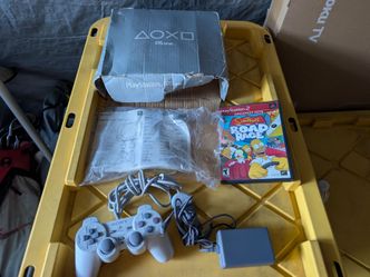 SONY Playstation PS One box only & manual ((not in good condition)) + ps1 controller &  power cable & PS2 Simpsons road rage game