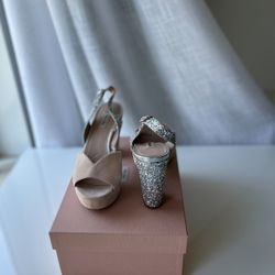 Prada Miu Miu Blush Suede Glitter Heel Slingback Sandals