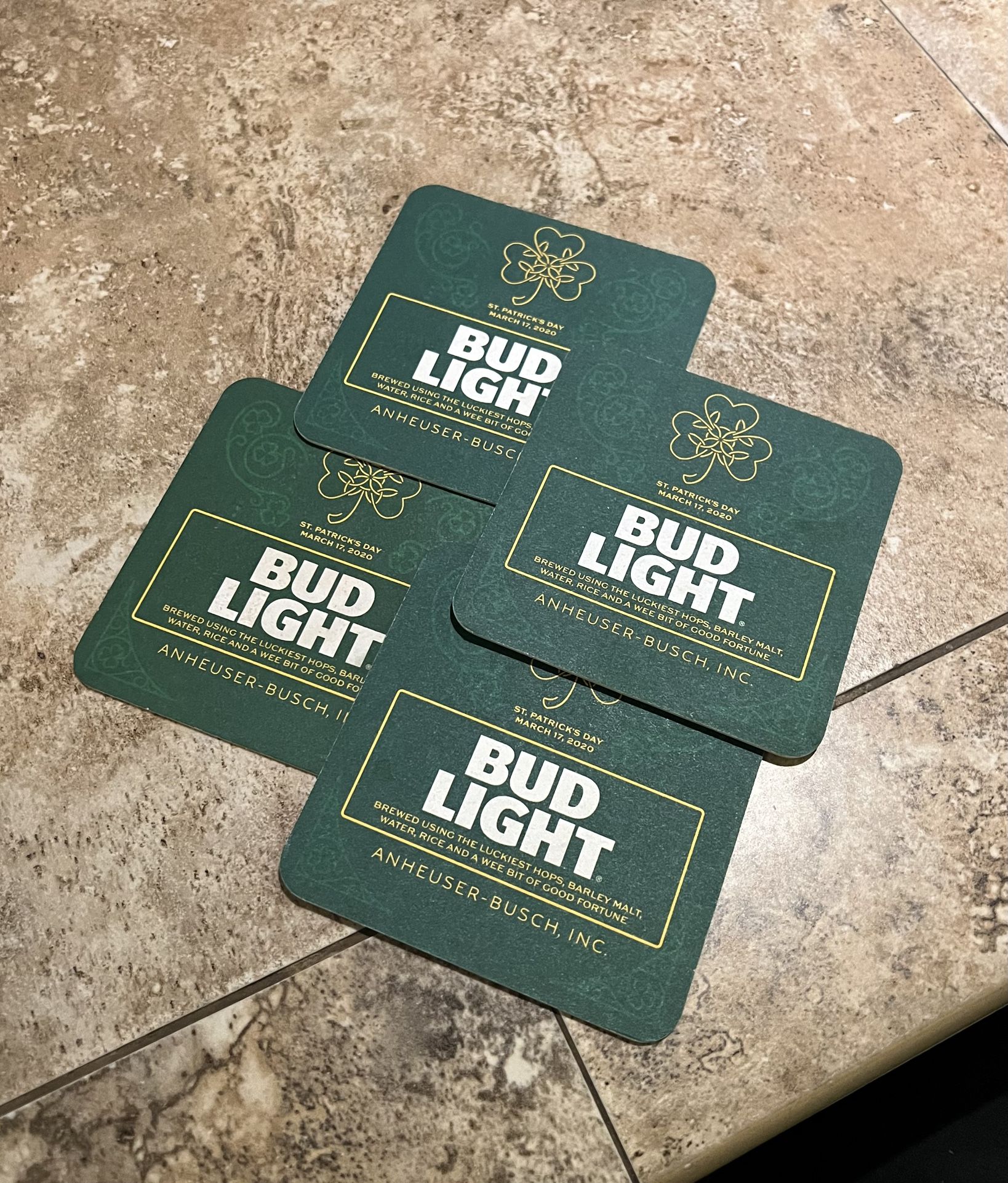 RARE! And HISTORIC! 2020 Set - Bud Light St. Patrick’s Day Set of 4 Beer Coasters