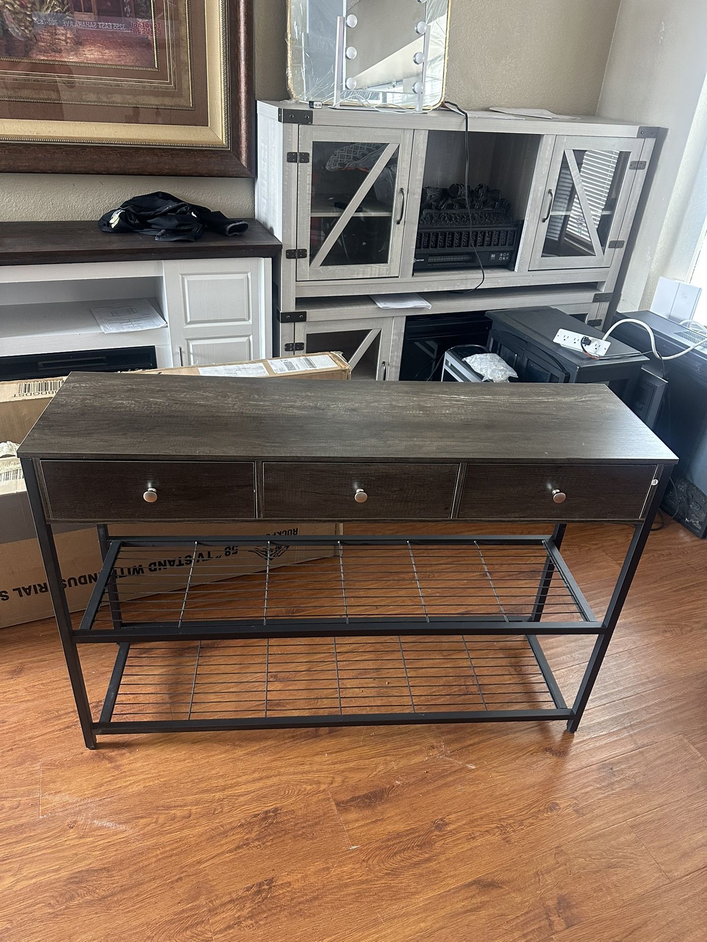 Console table 47 inches gray wash 3,drawers BRAND NEW BEAUTIFUL