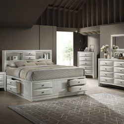 Complete White Modern High Storage Bedroom set In Size Queen Includes Chest 