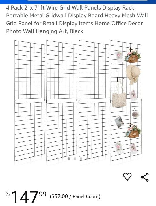 4 Pack 2' x 7' ft Wire Grid Wall Panels Display Rack, Portable Metal Gridwall Display Board Heavy Mesh Wall Grid Panel for Retail Display Items Home O