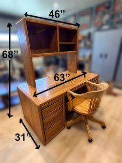 Oak desk, chair and separate hutch/shelving for desk