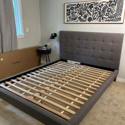 West Elm Upholstered Platform Bed with Tufted Headboard- Queen