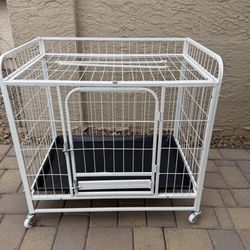 White Metal Dog Crate on locking rollers
