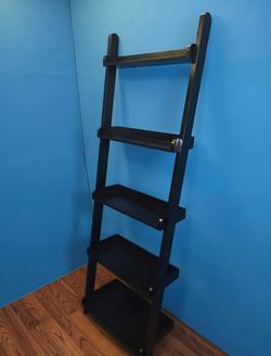 5-Tier Leaning Ladder Bookshelf – Modern Black Wooden Wall Shelf / Display Rack