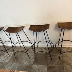 Vintage Arthur Umanoff Style Wrought Iron & Wicker Bar Stools - Set Of 4