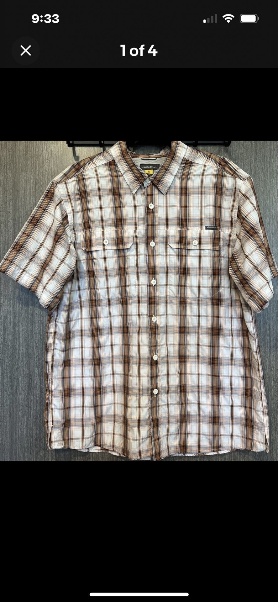 Eddie Bauer l Travex l Button Up l Short Sleeve Shirt l Orange Brown l Plaid l L