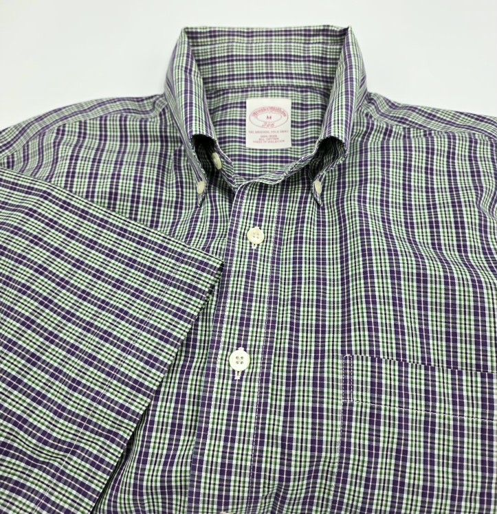 Brooks Brothers 346 Shirt Mens Medium Purple Plaid Short Sleeve Button Up Casual