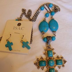 Turquoise Colored Cross Necklace And Earrings 