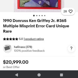 90 Donruss Ken Griffey Jr # 365 Rare Multiple Error Baseball Card 