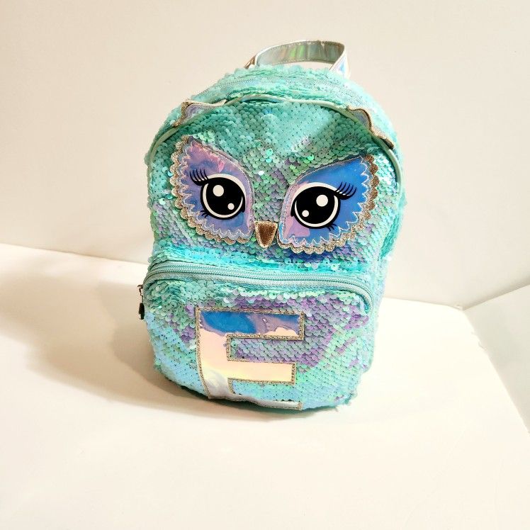Girl's Blue Iradescent Owl Backpack Letter "E"