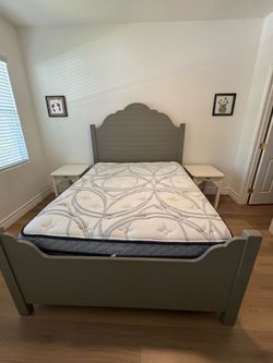 Magnolia Home Queen Bedroom Set. Two end tables. Five drawer dresser.