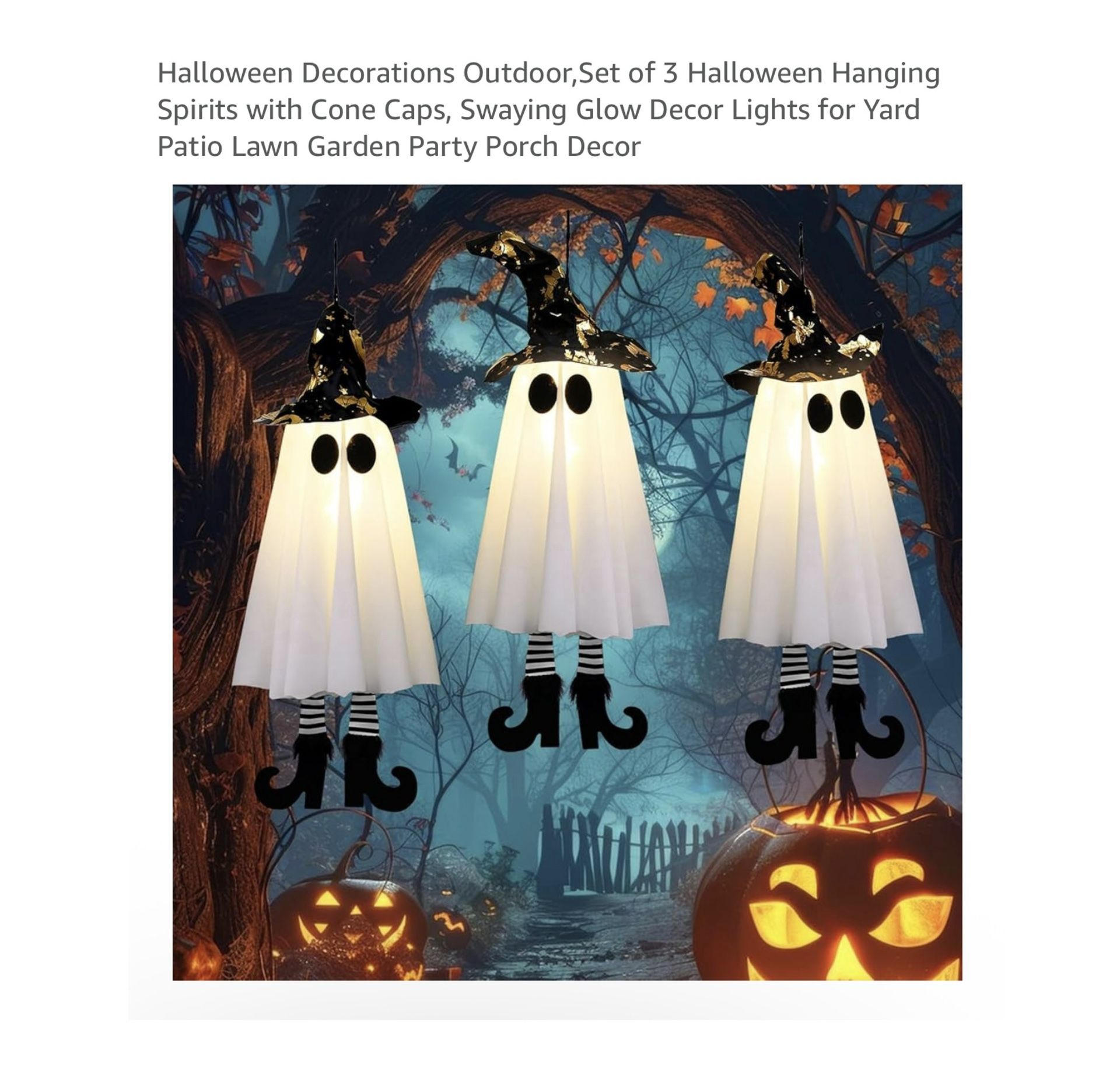Brand new Halloween Decorations Outdoor,Set of 3 Halloween Hanging Spirits with Cone Caps, Swaying Glow Decor Lights for Yard Patio Lawn Garden Party