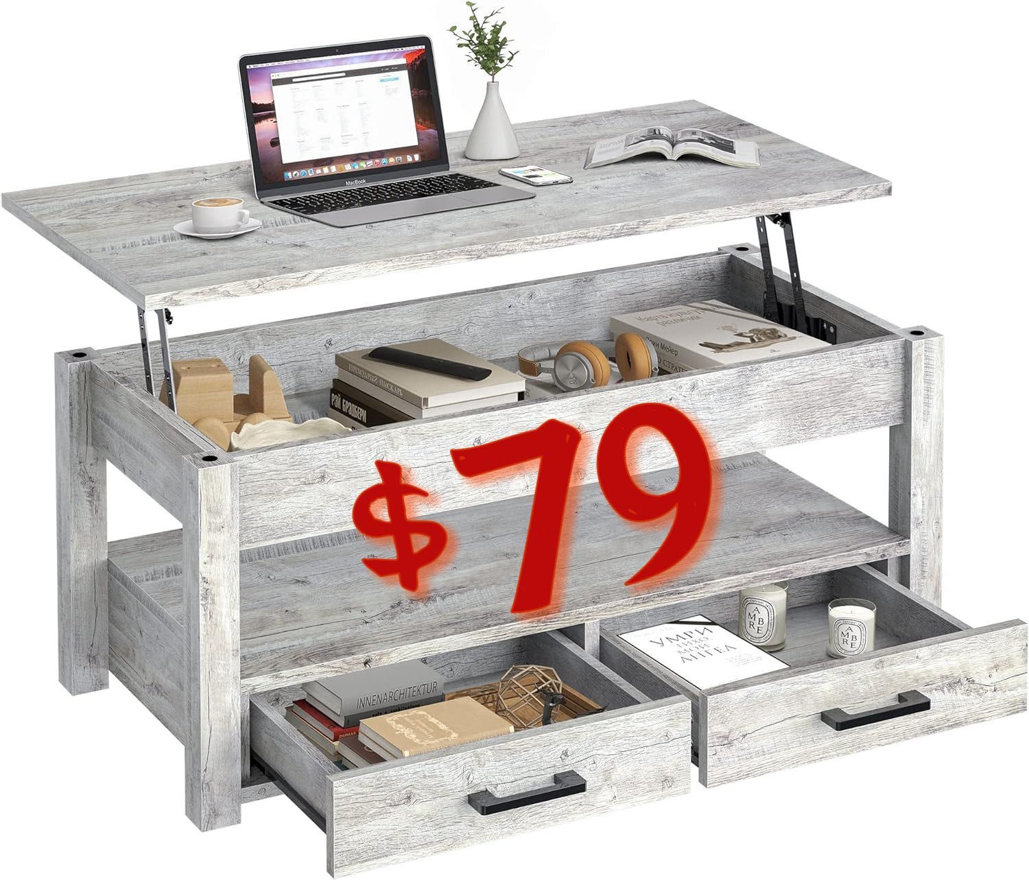 41.7'' Lift Top Coffee Table with Hidden Compartment, Mid-Century Cocktail Table with 2 Storage Drawers , Gray