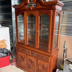 vintage 2 glass door living room or kitchen cabinet, has light