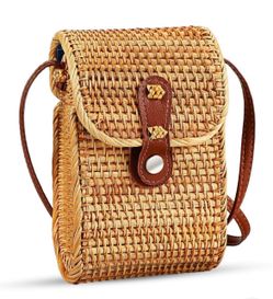 Anthropologie Woven Straw Crossbody Bag with Brown Leather Trim - Natural