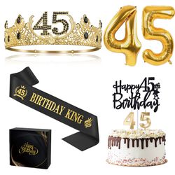 45th Birthday Gifts For Men, 45th Birthday Decorations For Men, Party Decor Supplies Including King Crown & Sash & Balloons & Cake Topper & Candles Ph