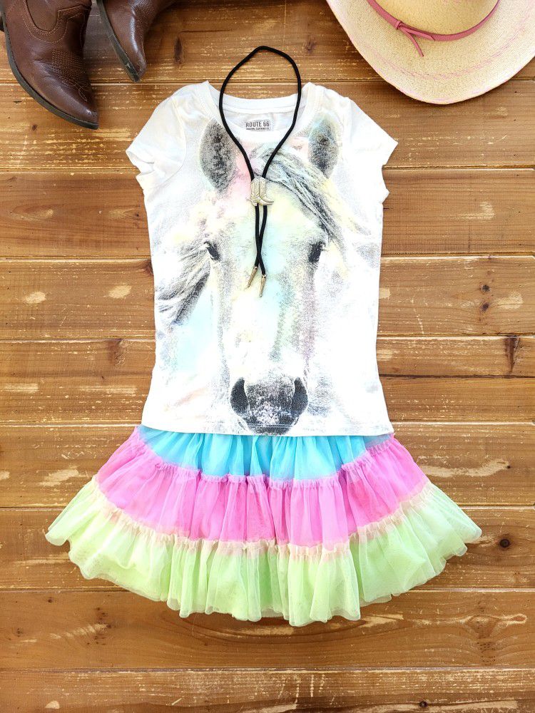 5T-6X 2-PIECE OUTFIT MULTICOLOR GLITTERY PASTEL HORSE TEE W/TRI-COLOR TULLE SKIRTING 