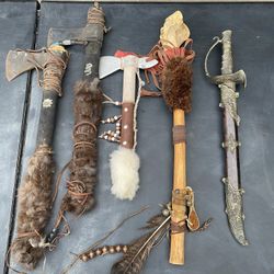 Lot of 5 Decorative Tribal Tomahawks & Ornate Dagger – Collectible Set