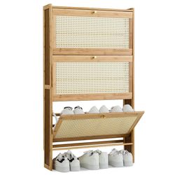 MoNiBloom Thin Bamboo Shoe Cabinet with 3 Flip Drawers, Narrow Slim Freestanding Hidden Shoe Storage Cabinet for Entryway Hallway Living Room (Natural