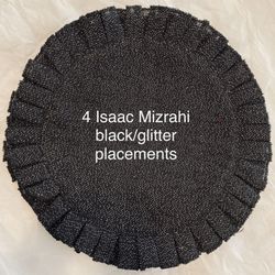 FOUR 16” round Isaac Mizrahi black/glitter/ruffled edge placemats