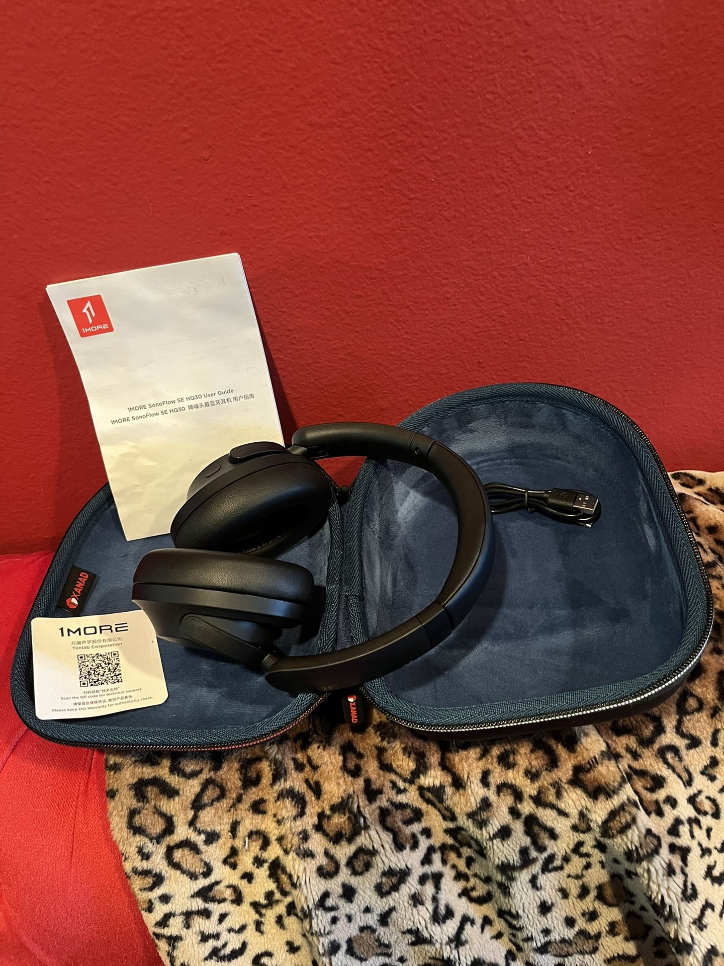 1MORE SonoFlow SE Active Noise Cancelling Wireless Headphones with case and charging cord