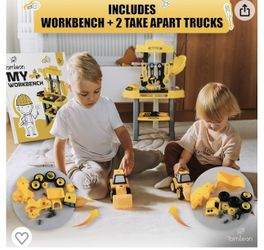 Toddler Workbench and Tool Kit w/ 2 Trucks - 2 in 1 Construction Toy Set Plus Toy Power Tools, DIY Electric Drill, Nuts and Bolts - Stable, Interactiv