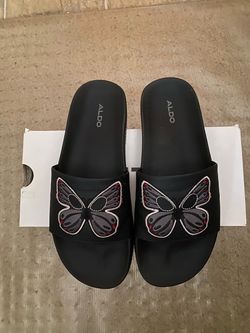 Aldo Black Slide Sandals with Butterfly Embroidery. Size 9