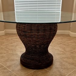 DINING TABLE KITCHEN RATTAN WICKER PEDESTAL GLASS TOP ROUND 108”-LNEW!